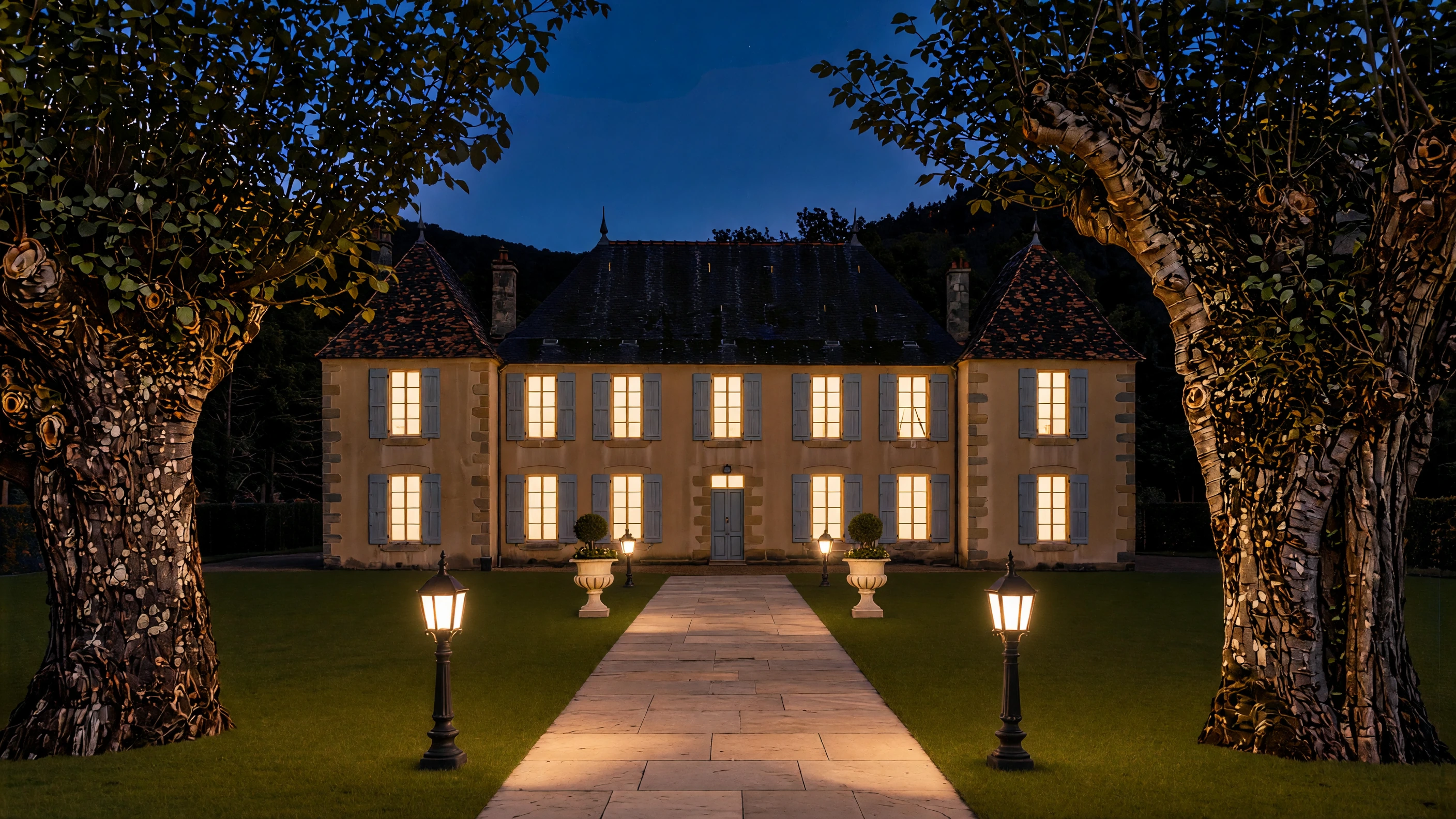 Le même domaine à la nuit tombée, création fictive originale de Lornaye.
